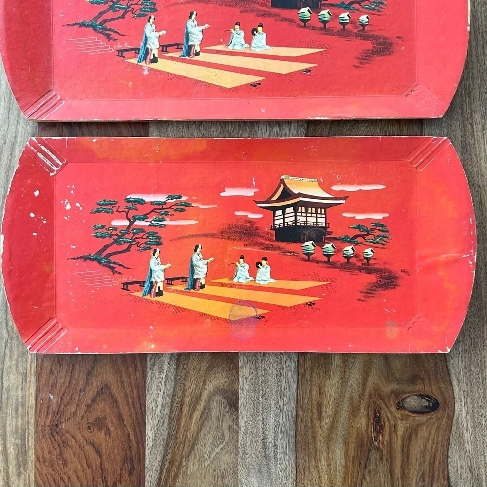Vintage Hasko wood veneer lap trays red Asian scene MCM 50s set of 3